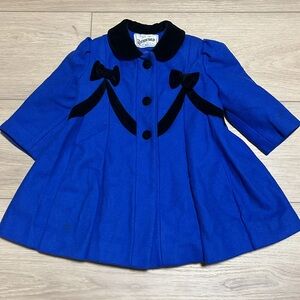 Vintage Rothschild Wool Winter Pea Coat Blue & Black Trim With Bow Kids Size 2T